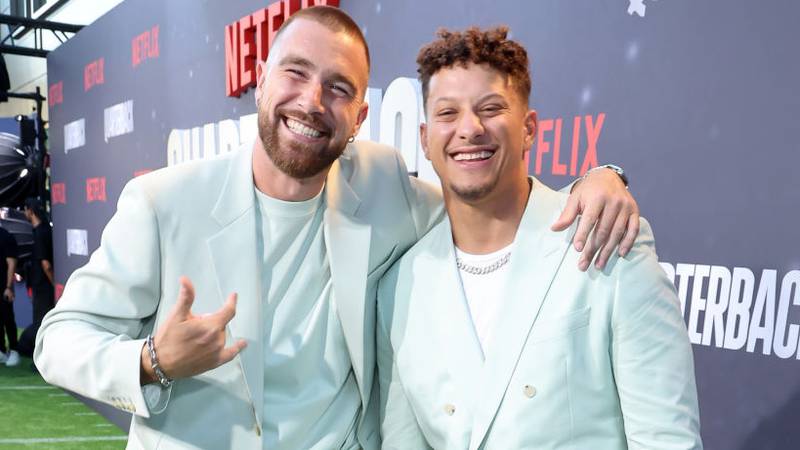 LOS ANGELES, CALIFORNIA - JULY 11: (L-R) Travis Kelce and Patrick Mahomes attend the Netflix Premiere of "Quarterback" at Netflix Tudum Theater on July 11, 2023 in Los Angeles, California. (Photo by Randy Shropshire/Getty Images for Netflix)