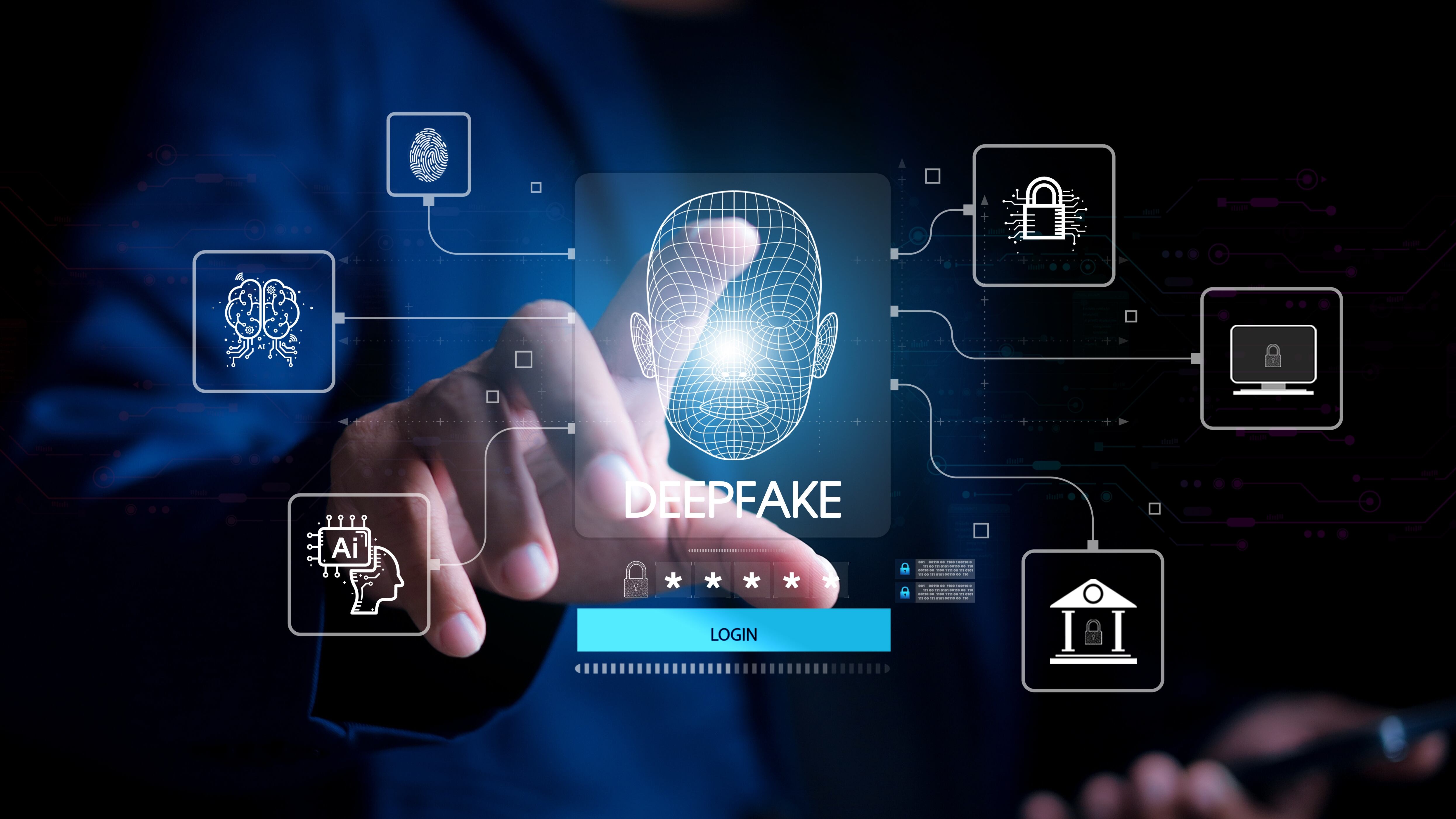 Deepfake concept ,Facial tracking, detection and recognition technology, Security system. Cyber security and Security password login online concept.