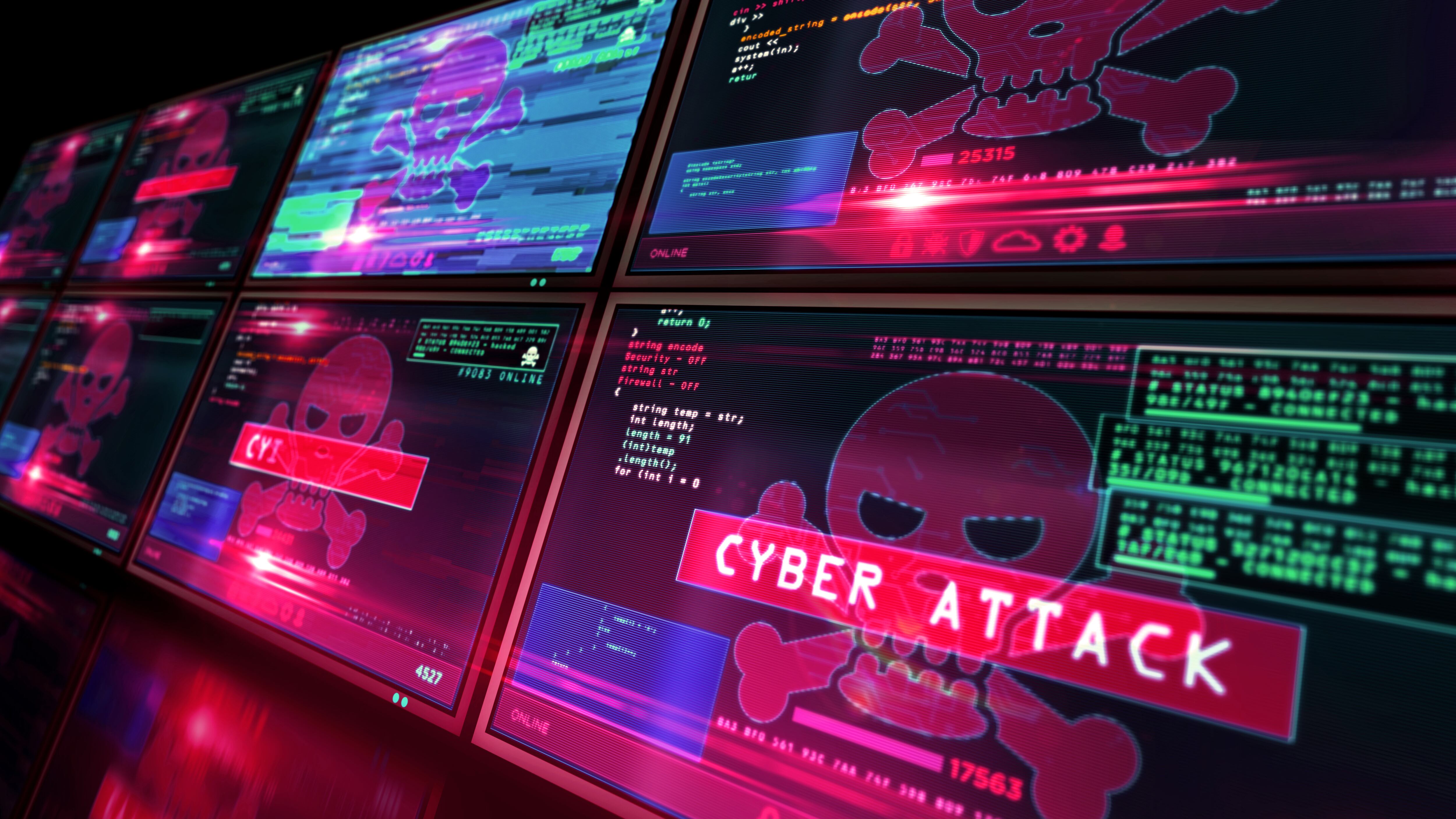 Cyber attack red alert with skull symbol on computer screen with glitch effect. Hacking, breach security system, cybercrime, piracy, digital safety and identity theft concept 3d illustration.