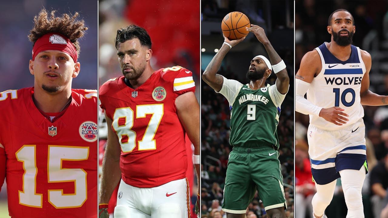 (L-R) Patrick Mahomes, Travis Kelce, Bobby Portis and Mike Conley Jr.