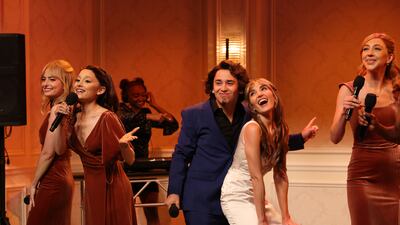 SATURDAY NIGHT LIVE -- Episode 1867 -- Pictured: (l-r) Sarah Sherman, host Ariana Grande, Marcello Hernández as Domingo, Chloe Fineman as Kelsey, and Heidi Gardner during the "Bridesmaid Speech" sketch on Saturday, October 12, 2024 -- (Photo by: Will Heath/NBC via Getty Images)