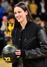 IOWA CITY, IA - FEBRUARY 02 - Former Iowa player Caitlin Clark as seen during a retirement ceremony for her jersey after a Big Ten Conference women's basketball game between the USC Trojans and the Iowa Hawkeyes on February 02, 2025, at Carver-Hawkeye Arena, Iowa City, IA. (Photo by Keith Gillett/Icon Sportswire via Getty Images)