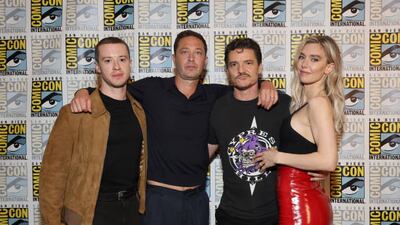 SAN DIEGO, CALIFORNIA - JULY 27: (L-R) Joseph Quinn, Ebon Moss-Bachrach, Pedro Pascal and Vanessa Kirby attend the Marvel Studios Press Line during 2024 Comic-Con International at Hilton Bayfront on July 27, 2024 in San Diego, California. (Photo by Amy Sussman/WireImage)