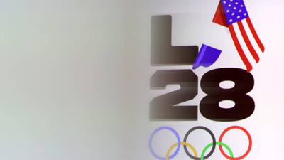 PARIS, FRANCE - AUGUST 10: A detailed view of the LED screen, depicting the LA28 Olympics logo, is seen at the LA28 Press Conference on day fifteen of the Olympic Games Paris 2024 at the Main Press Centre on August 10, 2024 in Paris, France. (Photo by Luke Hales/Getty Images)